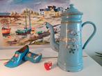 Blauwe Franse koffiepot met dik opgelegde bloemen, Ophalen of Verzenden