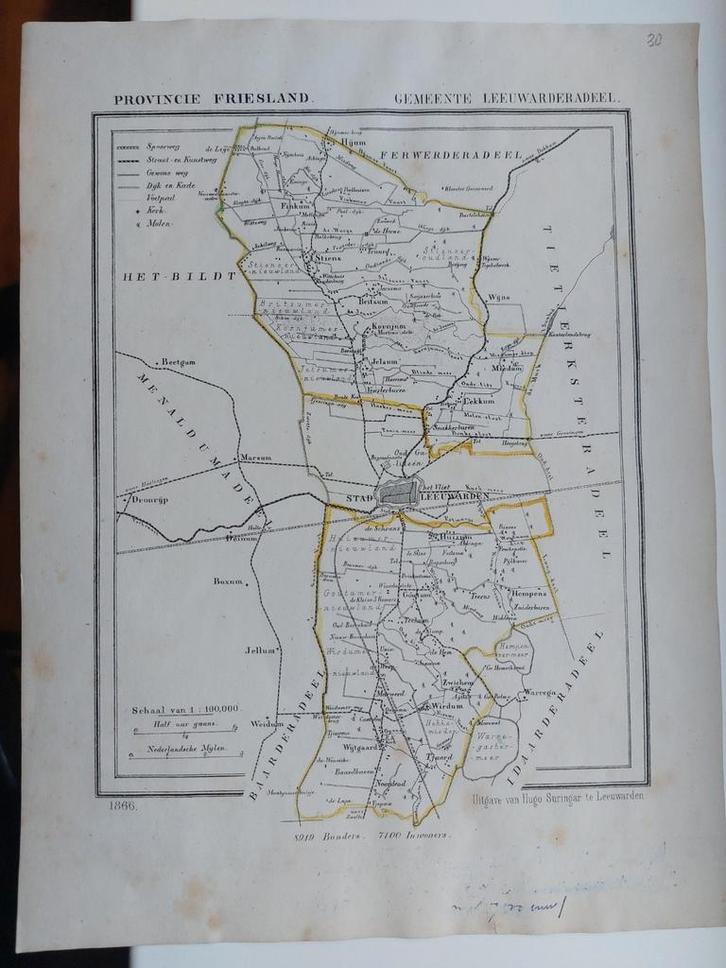 38 / Leeuwarderadeel Leeuwarden Wirdum van Kuyper uit 1866, Antiek en Kunst, Kunst | Litho's en Zeefdrukken, Ophalen of Verzenden