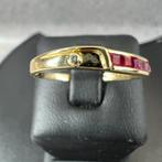 Gouden Ring | 14k* |1,29g| 1xbriljant+8robijn |18,25| 385777, 18 tot 19, Gebruikt, Ophalen of Verzenden, Met edelsteen