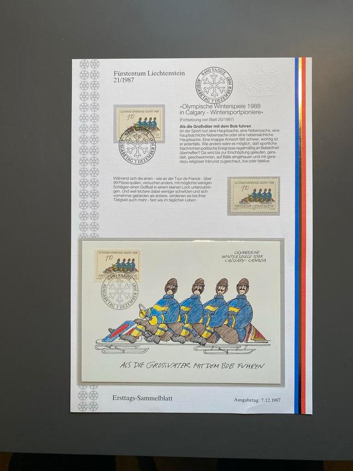 Liechtenstein 1987 OS Calgary FDC + zegels, Postzegels en Munten, Postzegels | Thematische zegels, Sport, Ophalen of Verzenden