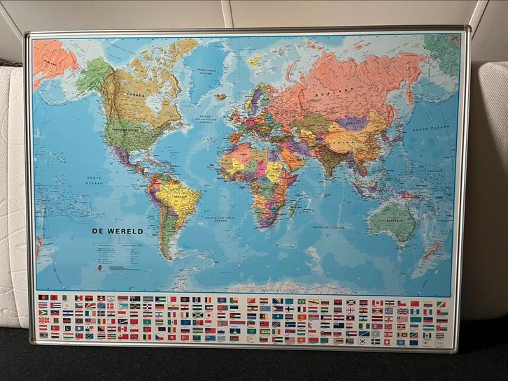 Wereldkaart, magnetisch, aliminium lijst, kantoor werkkame,, Huis en Inrichting, Woonaccessoires | Schilderijen, Tekeningen en Foto's