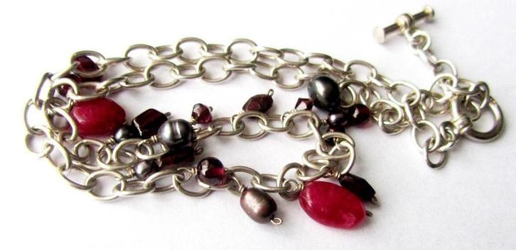 925 zilver ketting echte Parels Robijn Granaat edelstenen, Sieraden, Tassen en Uiterlijk, Antieke sieraden, Ketting, Zilver, Met edelsteen