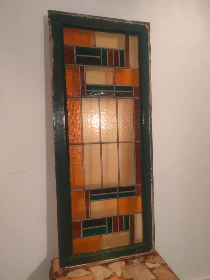 Glas in Lood Raam met Kozijn, Antiek en Kunst, Antiek | Glas en Kristal, Ophalen of Verzenden