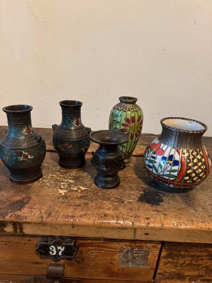 5 zeeeeer oude japanse vaasjes 3 van brons 2 cloisonneé, Antiek en Kunst, Kunst | Niet-Westerse kunst, Ophalen of Verzenden