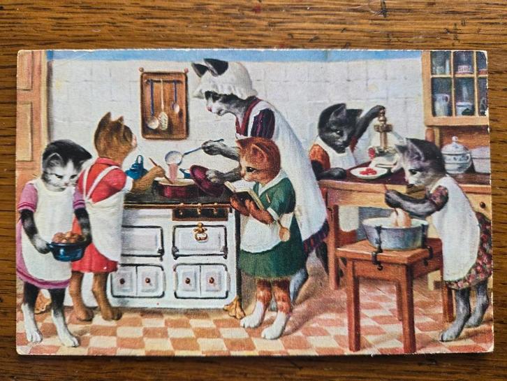 Katten koken in de keuken, 1930, Verzamelen, Ansichtkaarten | Themakaarten, Gelopen, 1920 tot 1940, Overige thema's, Ophalen of Verzenden