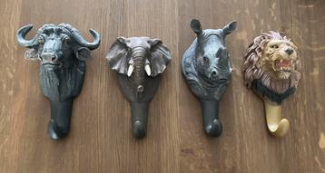 4x Jungle Dieren Kapstokken Animals Leeuw Olifant Neushoorn beschikbaar voor biedingen