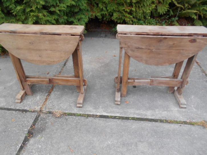 oude eiken klaptafeltjes met pen verbinding, Huis en Inrichting, Tafels | Bijzettafels, Gebruikt, Rond, 60 cm of meer, 75 cm of meer