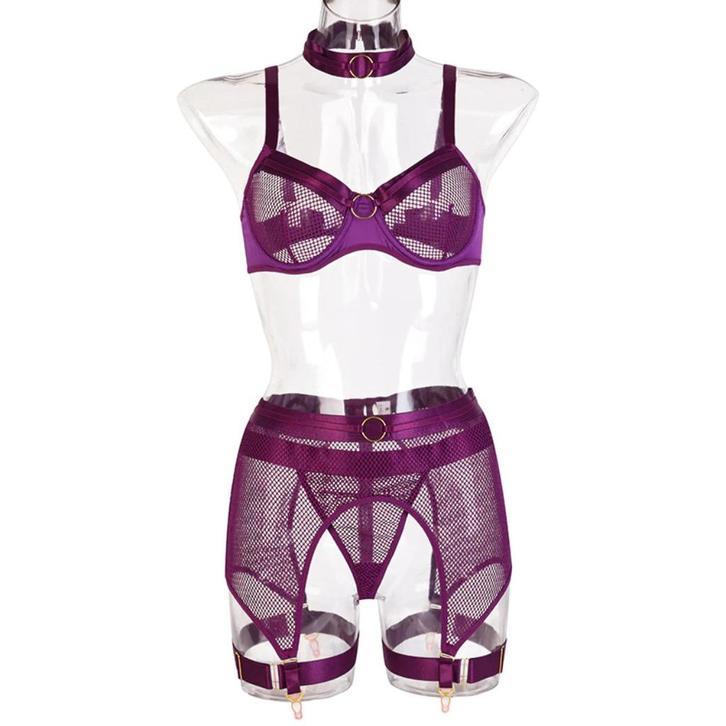 Paars doorzichtig mesh lingerie setje string bh jarretels, Kleding | Dames, Ondergoed en Lingerie, Setje, Paars, Verzenden