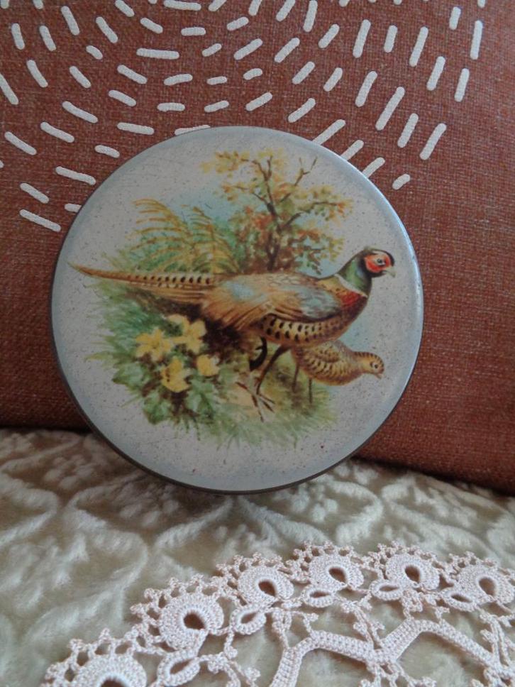 Vintage Rond Blik met Fazanten ** Mimosa **, Verzamelen, Blikken, Gebruikt, Koek(jes), Ophalen of Verzenden