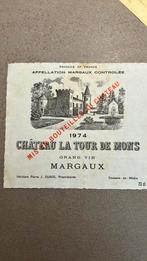 Wijnetiket Margaux chateau la tour de mons 1974, Verzamelen, Wijnen, Ophalen of Verzenden, Gebruikt, Frankrijk, Rode wijn