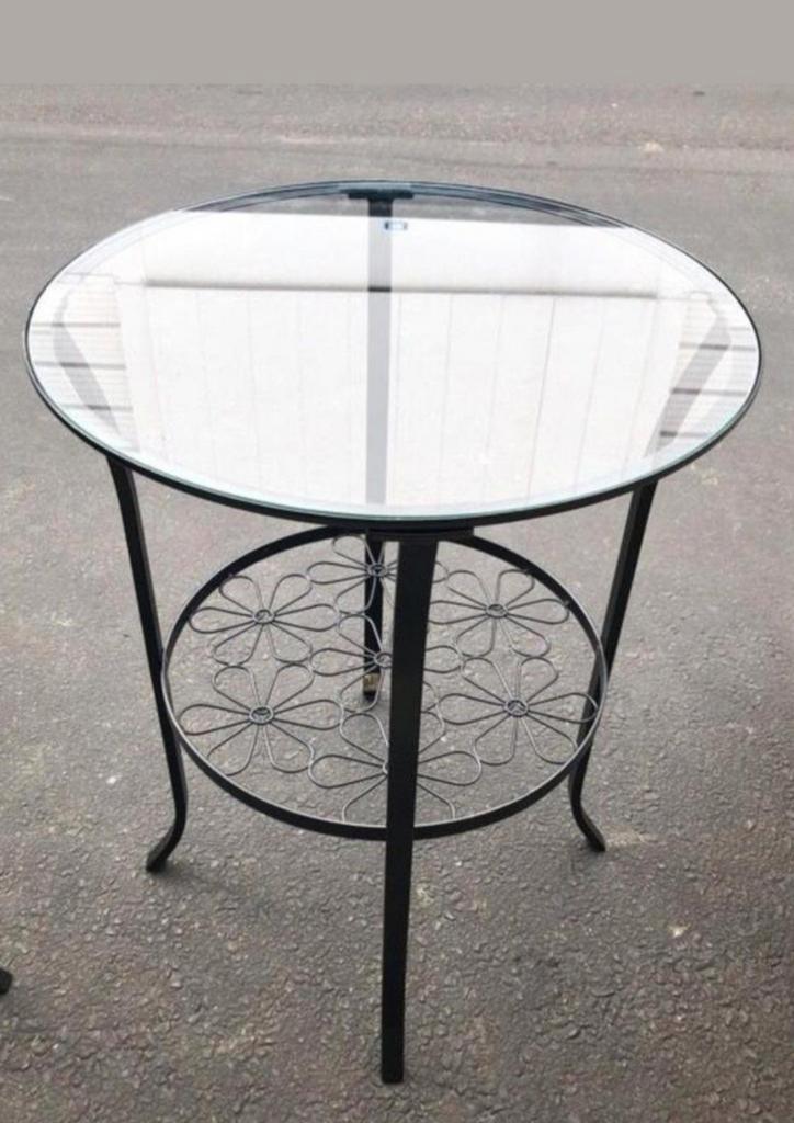 Glazen Bijzettafel met Metalen Onderstel, Huis en Inrichting, Tafels | Bijzettafels, Gebruikt, Rond, 45 tot 60 cm, Minder dan 55 cm