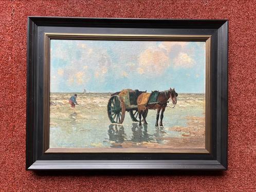 G.J. Delfgaauw Schilderij Strandgezicht Schelpenvisser GJ, Antiek en Kunst, Kunst | Schilderijen | Klassiek, Ophalen of Verzenden