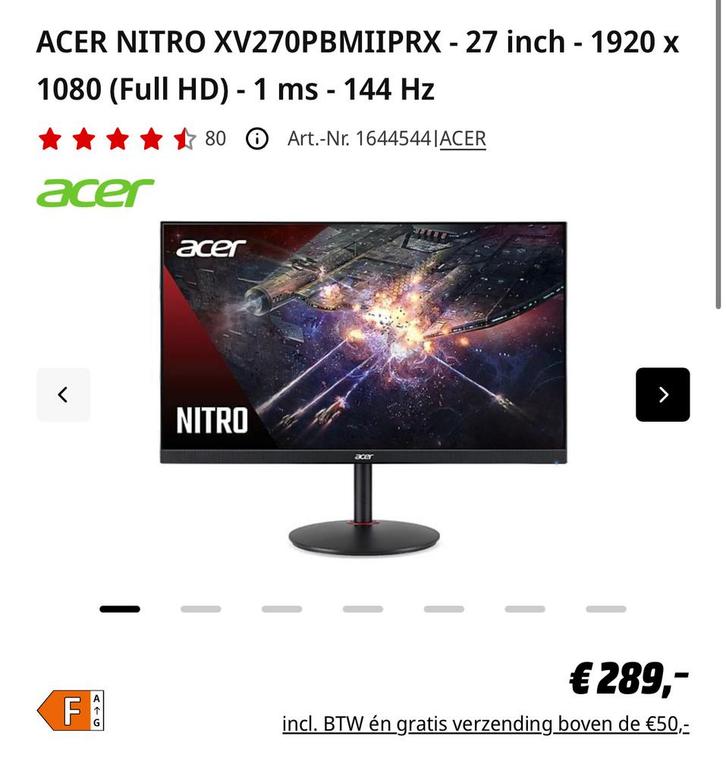 Acer XV270 Gaming Monitor 27 inch 144 Hz, Computers en Software, Monitoren, Zo goed als nieuw, 101 t/m 150 Hz, DisplayPort, HDMI