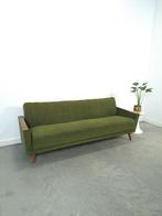 Slaapbank met groene stof en teakhout vintage zitbank, Ophalen of Verzenden, 200 cm, 100 cm, Gebruikt