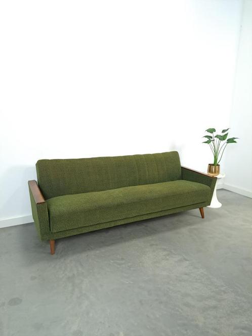 Slaapbank met groene stof en teakhout vintage zitbank, Huis en Inrichting, Slaapkamer | Slaapbanken, Gebruikt, 100 cm, 200 cm