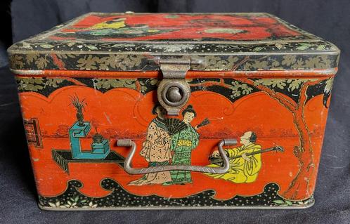 Prachtig oud kleurrijk blik Japans decor, geisha, kraanvogel, Verzamelen, Blikken, Gebruikt, Overige, Overige merken, Ophalen of Verzenden