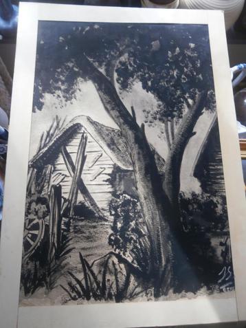 Mooie zwart krijttekening van een Boshuisje gesigneerd beschikbaar voor biedingen