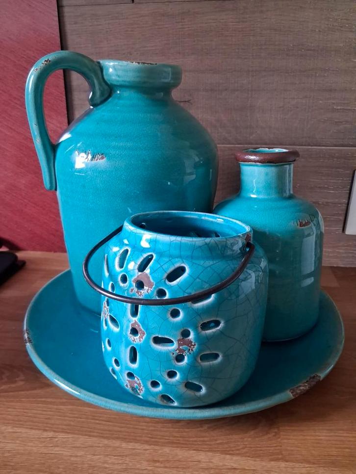 Turquoise Keramiek Set: Kruiken, Schaal, Waxinelichthouder, Huis en Inrichting, Woonaccessoires | Vazen, Zo goed als nieuw, Blauw