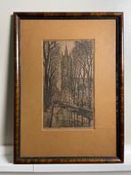 Delft, Oude Delft met Oude kerk ets van Marius Jansen, Antiek en Kunst, Ophalen of Verzenden