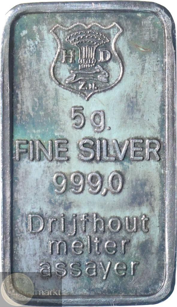Zilver 999/1000 - Baar 5 gram Drijfhout, Postzegels en Munten, Edelmetalen en Baren, Zilver, Ophalen of Verzenden