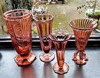 4 Antieke Jugendstil Glazen vazen oa Rocket Vaas - Roze Glas, Ophalen of Verzenden