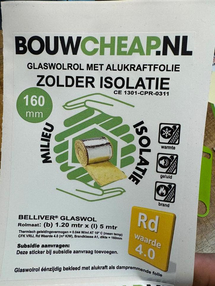 Glaswol 16cm dikte met alukraftfoil dampremmend prijs per m2, Doe-het-zelf en Verbouw, Isolatie en Afdichting, Ophalen of Verzenden