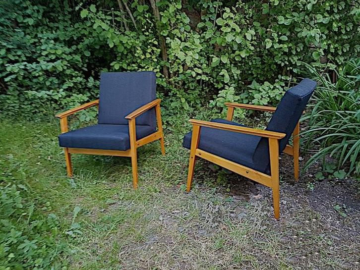 Vrolijke relax zetels 1950-70 kleurig & comfortabel genieten, Huis en Inrichting, Fauteuils, Gebruikt, Hout, Stof, 50 tot 75 cm