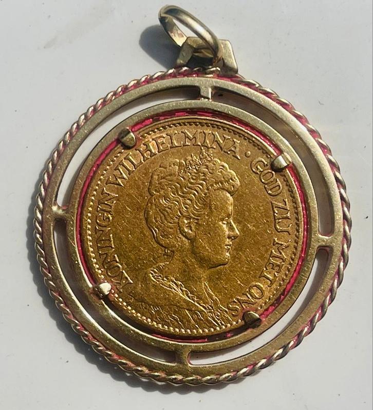 GOUDEN TIENTJE 1912 IN HANGER VAN GOUD, Sieraden, Tassen en Uiterlijk, Kettinghangers, Zo goed als nieuw, Goud, Overige voorstellingen
