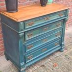 Brocante grenen ladenkast commode vintage stijl blauw, Huis en Inrichting, Kasten | Ladekasten, Ophalen, Gebruikt, 100 tot 150 cm