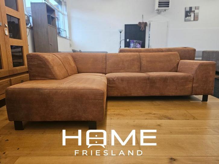 Hoekbank- Microvezel- Cognac, Huis en Inrichting, Banken | Bankstellen, Gebruikt, Hoekbank, Driepersoons, 200 tot 250 cm, Minder dan 75 cm