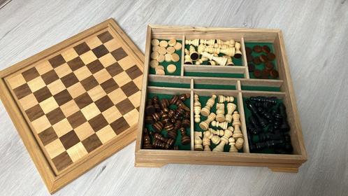 Houten dambord schaakbord + backgammon spelbord + opbergdoos, Hobby en Vrije tijd, Gezelschapsspellen | Bordspellen, Zo goed als nieuw