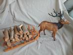 Retro, vintage Leren Edelhert met houten slee, Antiek en Kunst, Ophalen of Verzenden
