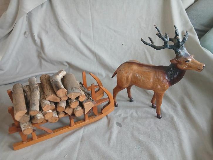 Retro, vintage Leren Edelhert met houten slee, Antiek en Kunst, Curiosa en Brocante, Ophalen of Verzenden