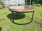Stoere, zware salontafel mét glasplaat 90cm doorsnee en 47, Ophalen, Zo goed als nieuw