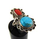 Mooie oude grote NAVAJO zilver turquoise coral ring M16,5/17, Zo goed als nieuw, Zilver, Dame of Heer, Zilver