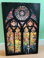 Banksy graffiti canvas met glas-in-lood kerk, Minder dan 50 cm, Gebruikt, 50 tot 75 cm, Ophalen of Verzenden