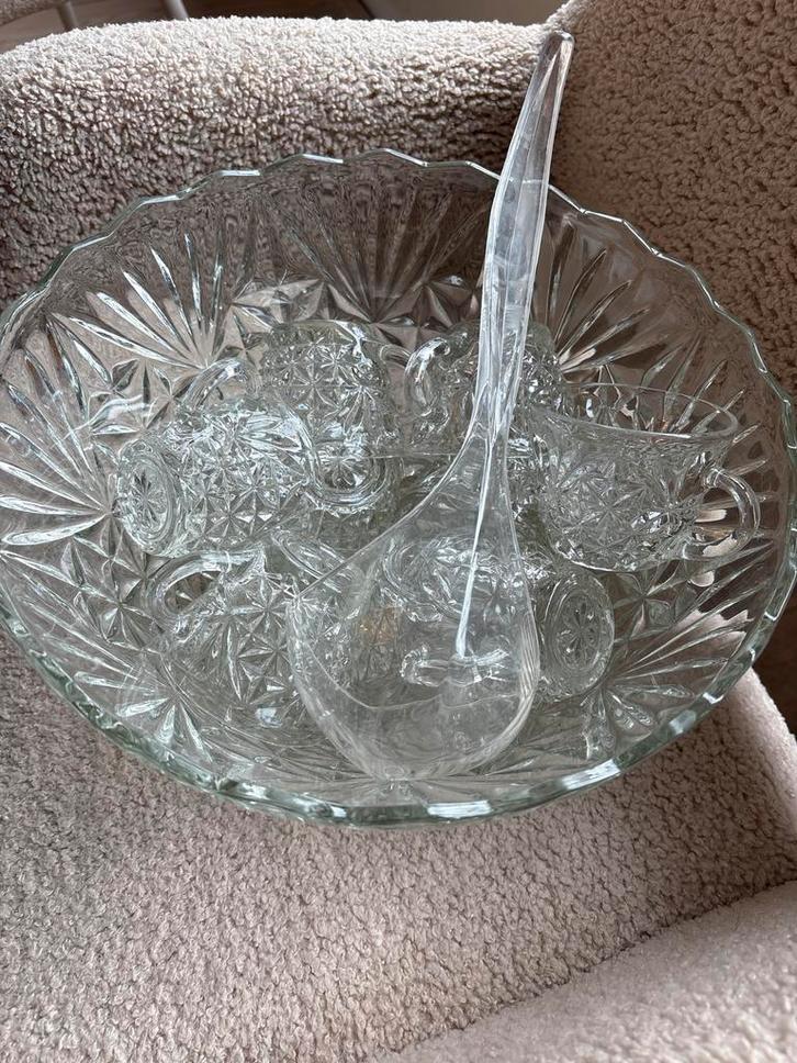 Kristallen Punch Schaal Set met 9 Kopjes & Lepel - Vintage E, Antiek en Kunst, Antiek | Glas en Kristal, Ophalen of Verzenden