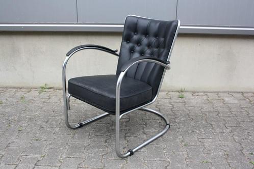 Originele oude Gispen 412GE fauteuil, Huis en Inrichting, Fauteuils, Gebruikt, Kunststof, Leer, Metaal, 75 tot 100 cm, 75 tot 100 cm