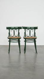 2 x Groene vintage bistro stoel met gematte rieten zitting, Ophalen, Riet of Rotan, Gebruikt, Twee