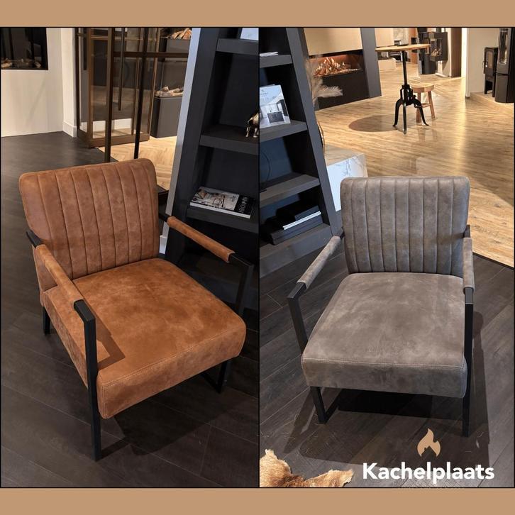 Twee loungestoelen - bruin en grijs - uit showroom, Huis en Inrichting, Stoelen, Zo goed als nieuw, Twee, Leer, Stof, Bruin, Ophalen