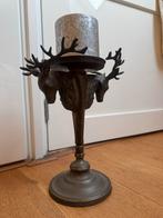 Kandelaar met hertenkoppen + kaars, Gebruikt, Ophalen of Verzenden, Metaal, Kandelaar