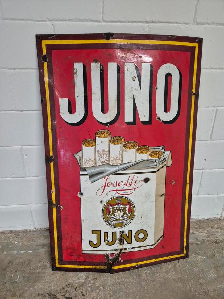 Oud Emaille Reclamebord Juno Cigarettes - Jaren 20, Verzamelen, Merken en Reclamevoorwerpen, Gebruikt, Reclamebord, Ophalen