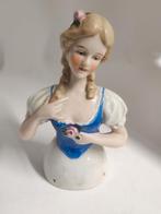 Antieke Porseleinen Halfpop Dame in Blauwe Jurk, Ophalen of Verzenden