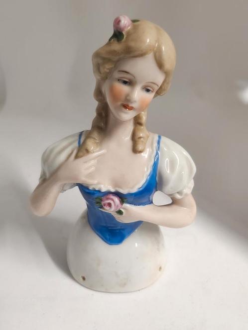 Antieke Porseleinen Halfpop Dame in Blauwe Jurk, Antiek en Kunst, Antiek | Porselein, Ophalen of Verzenden