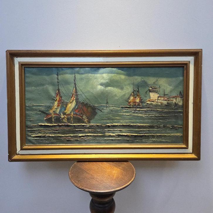 Sfeervol zeegezicht met vissersboten en haven, Antiek en Kunst, Kunst | Schilderijen | Klassiek, Ophalen of Verzenden