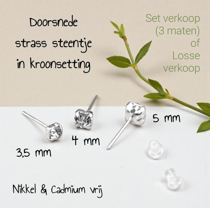 Zilvertone oorstekers blank strass 3,5 - 4 of 5 mm set / los, Sieraden, Tassen en Uiterlijk, Oorbellen, Nieuw, Overige materialen