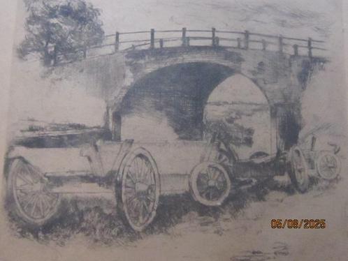 Jan MEVER,Automobiel bij een brug ets in mooie lijst, Antiek en Kunst, Kunst | Etsen en Gravures, Ophalen of Verzenden