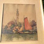 Zicht op Veere, kerk met zeilboot, kleurenets, Antiek en Kunst, Ophalen of Verzenden