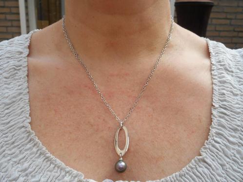 Zilveren ketting met hanger met parel nr.406, Sieraden, Tassen en Uiterlijk, Kettingen, Zo goed als nieuw, Zilver, Zilver, Met hanger