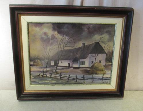 Mooi Geschilderd Werk 'Hoeve en Hooimijten' - L Tim's, Antiek en Kunst, Kunst | Schilderijen | Klassiek, Ophalen of Verzenden